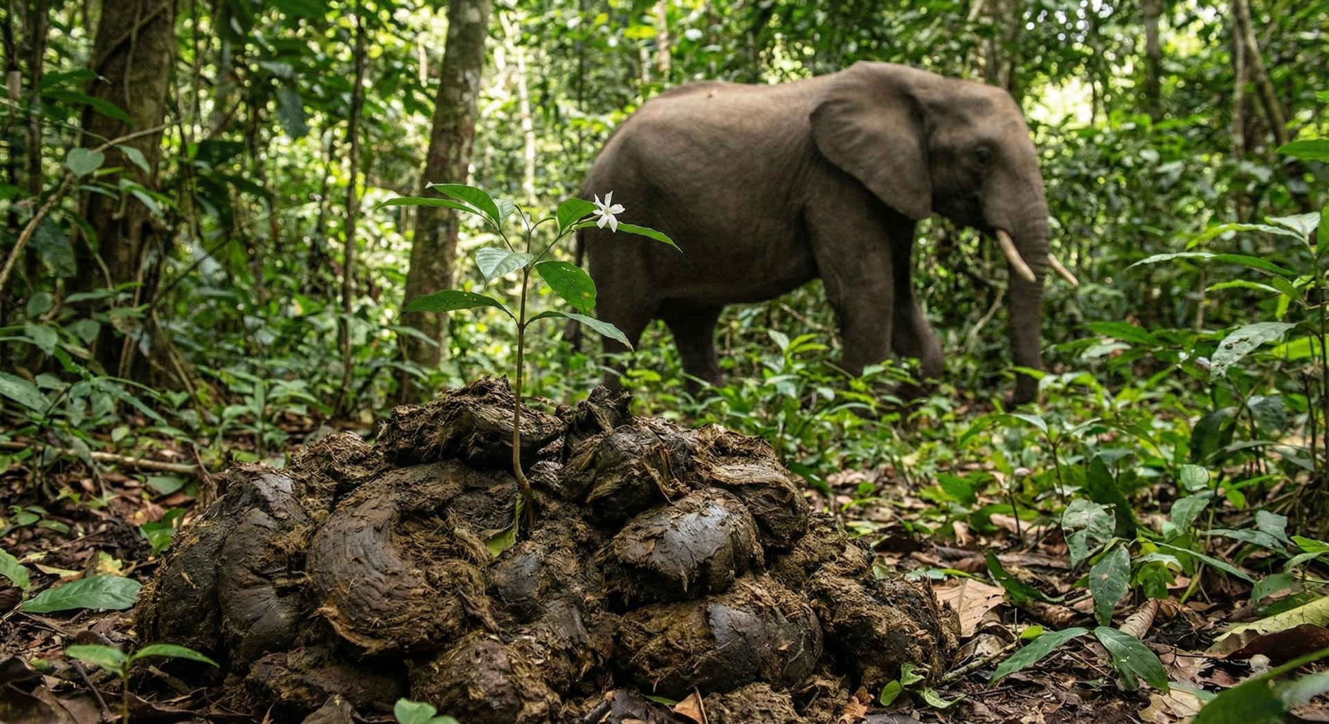 Iboga seedling growing from forest elephant dung, with a forest elephant behind