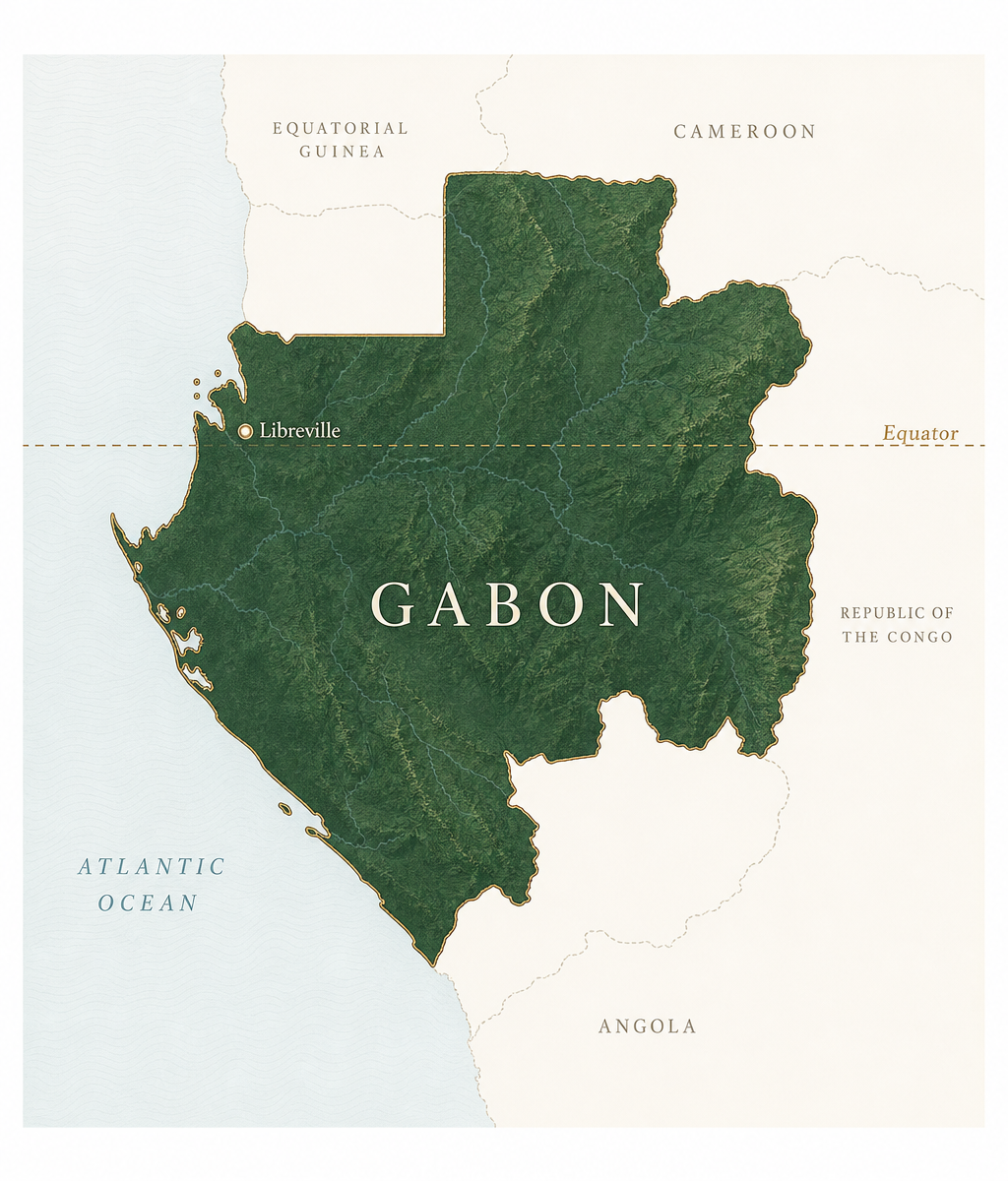 Map of Gabon on the Atlantic coast of Central Africa, indicating the geographic focus of Reset Health's responsibility work