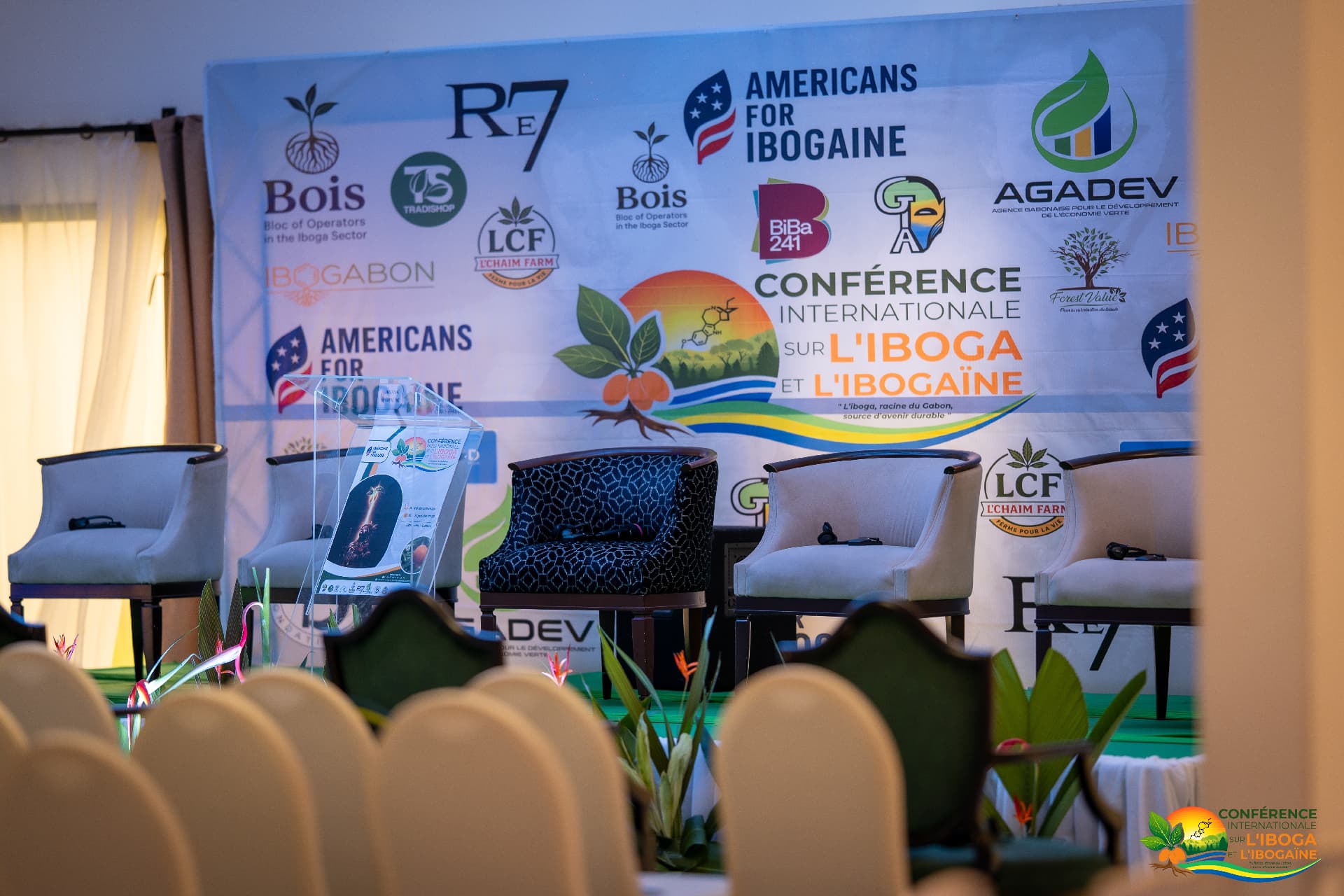 Stage and partner banner at the International Conference on Iboga & Ibogaine in Libreville, Gabon