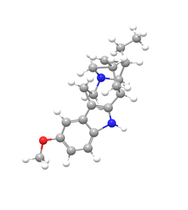 Ball-and-stick model of an iboga alkaloid molecule