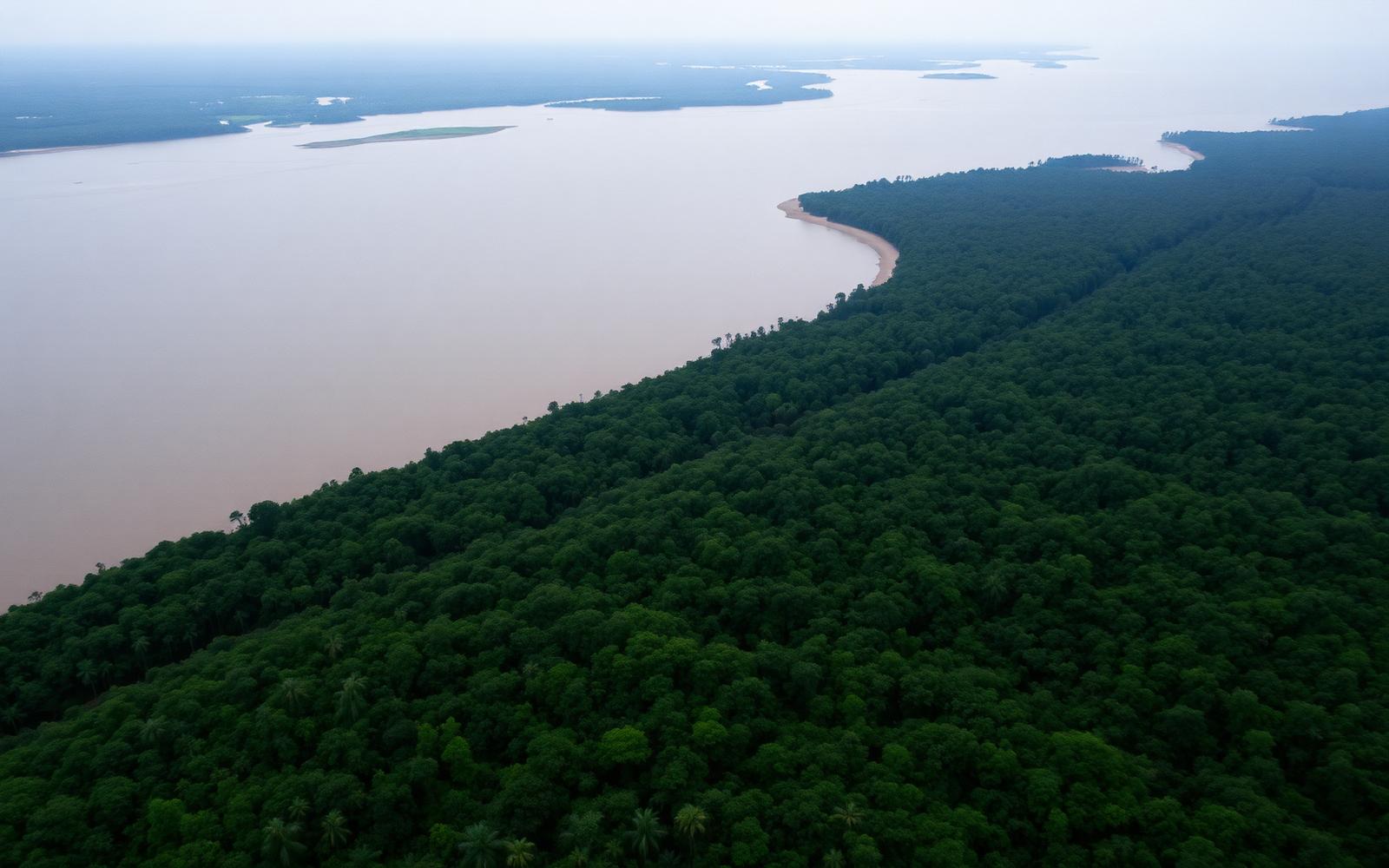 Aerial view of forested coastline and river estuary in Gabon